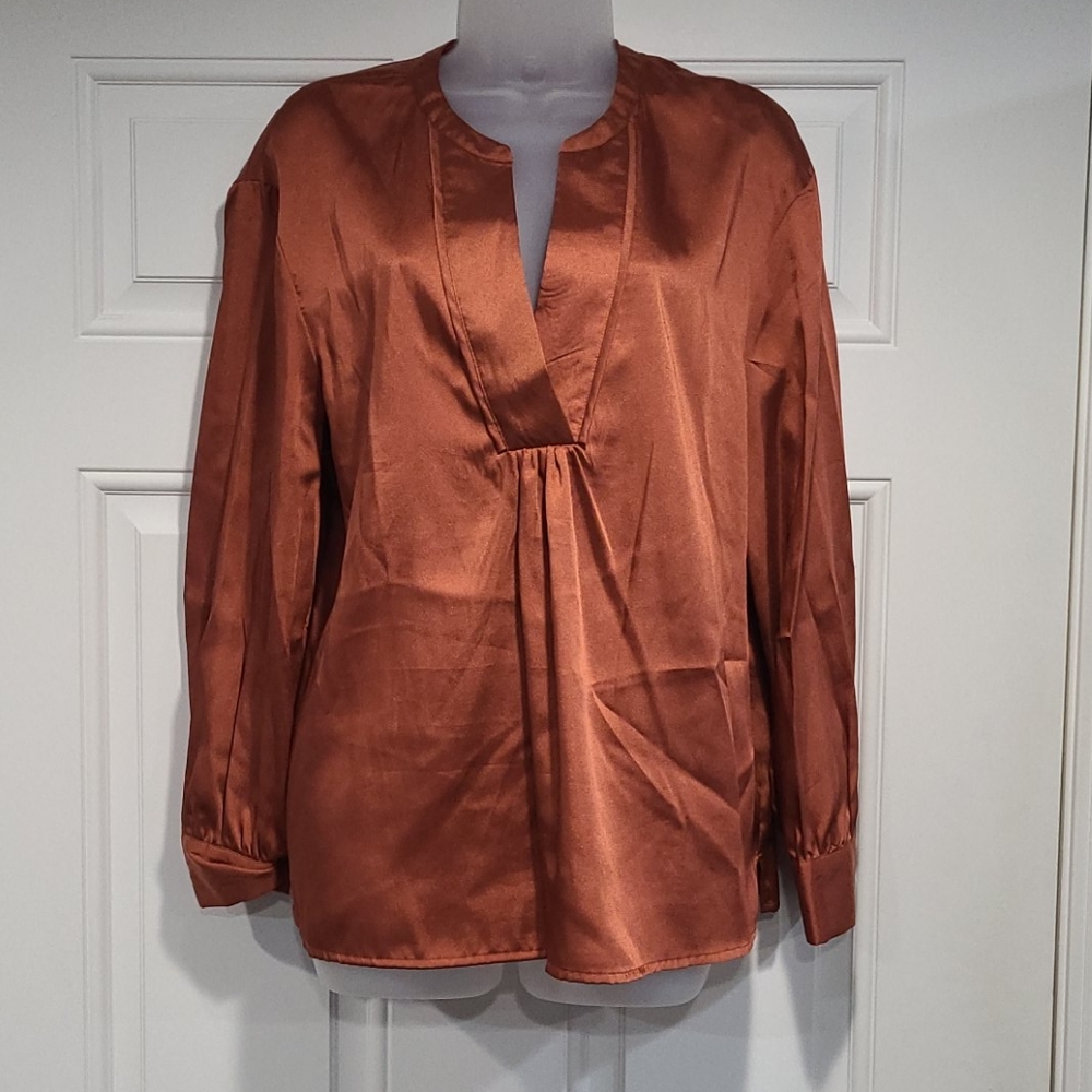 BLOUSE: VNeck Satin Rust/Orange Blouse Long Sleeve